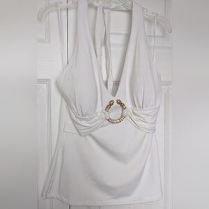 Cache White Halter Dress with Gold Detail
